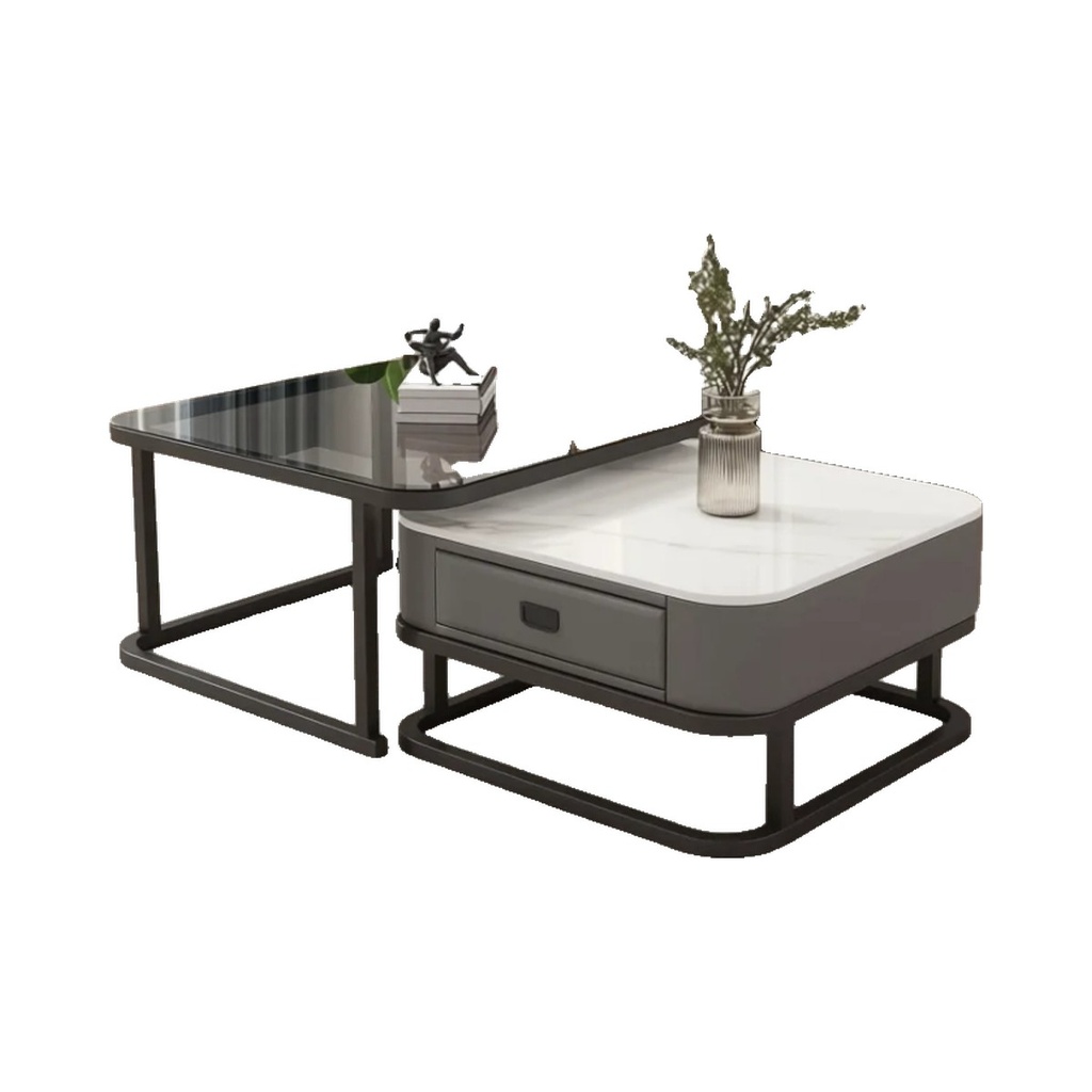 Tables gigognes 301 verre noir & marbre avec tiroir (lot de 2)