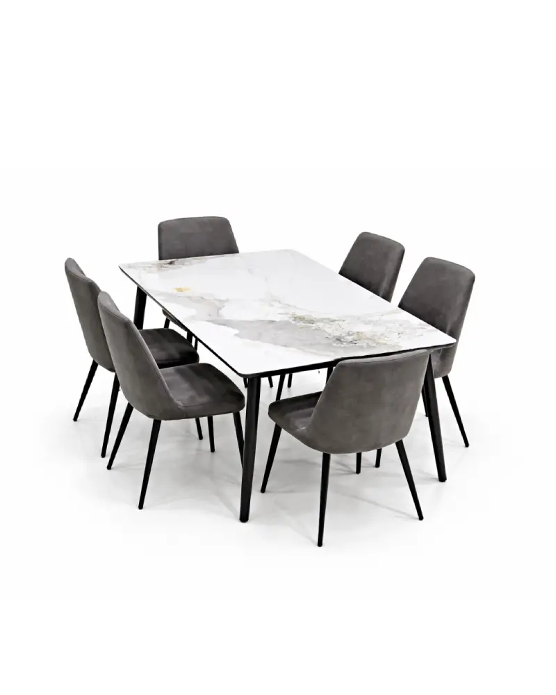 Salle à Manger Moderne 6 Places – Table Effet Marbre Blanc et Chaises Grises