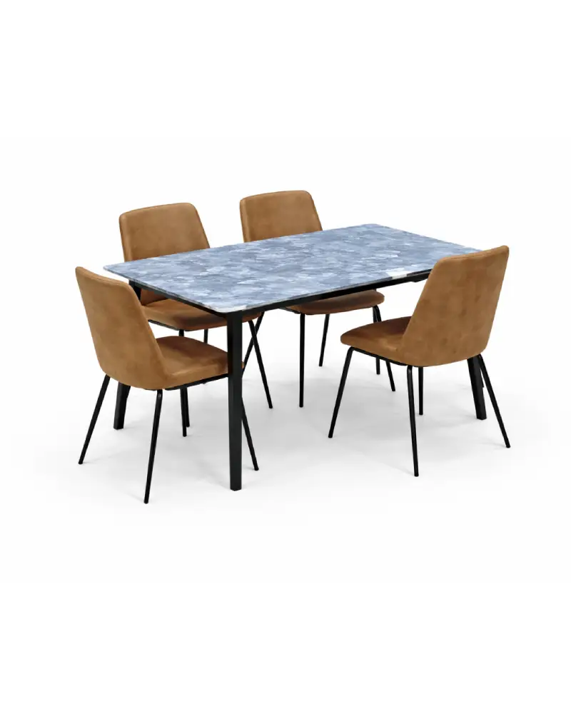 [MEUB004] Salle à Manger Moderne 4 Places – Table Effet Marbre et Chaises Marron