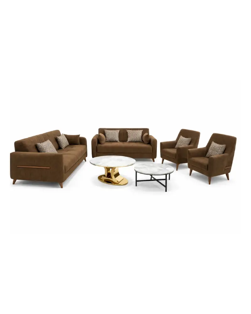 Salon Moderne 7 Places en Tissu Marron avec Tables Basses Design