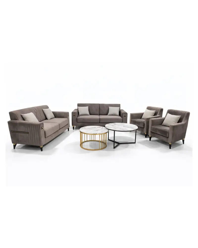 Salon Premium 8 Places en Tissu Taupe avec Tables Basses Marbre