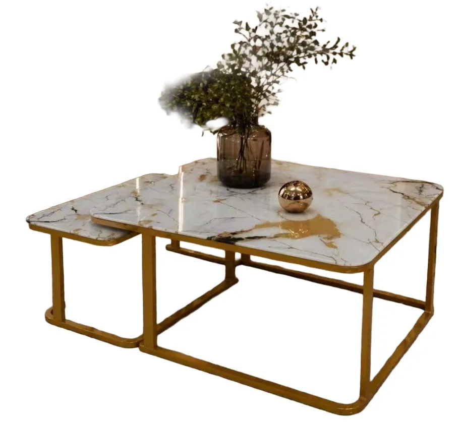 [MOB-F04-G-C] Tables gigognes carrées marbre doré F04-G-C 50+70
