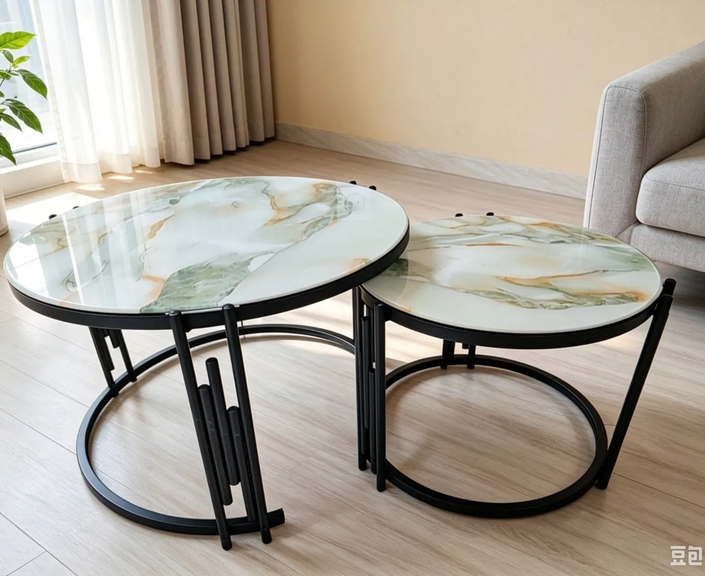 [MOB-SD-1] Tables gigognes verre marbre vert SD-1 70+50