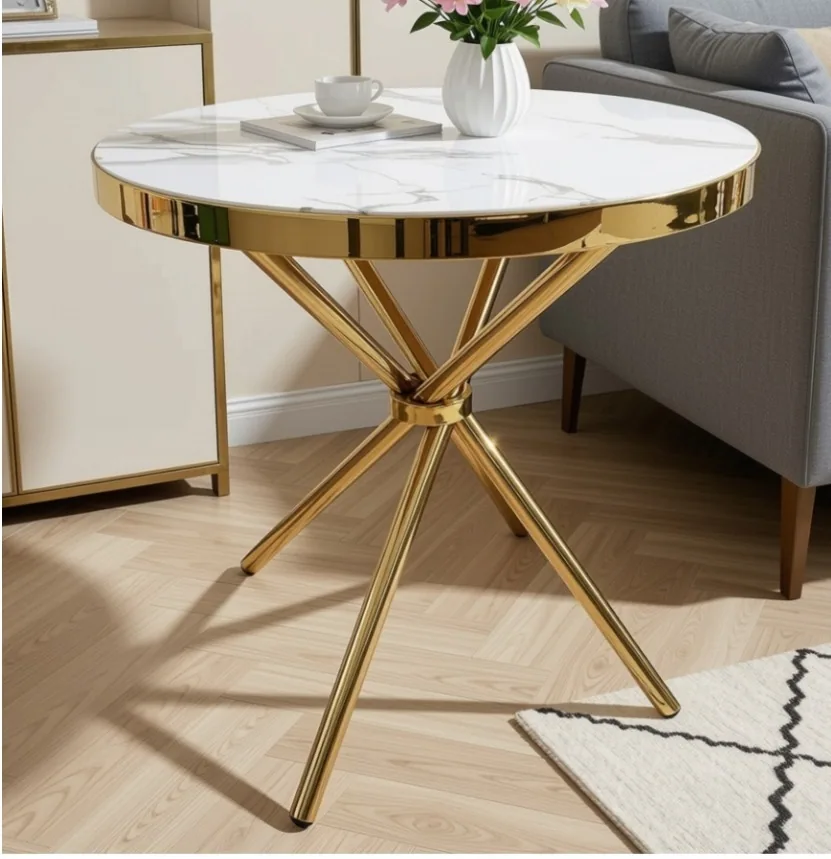 Table ronde marbre blanc pied doré M-88 80*80