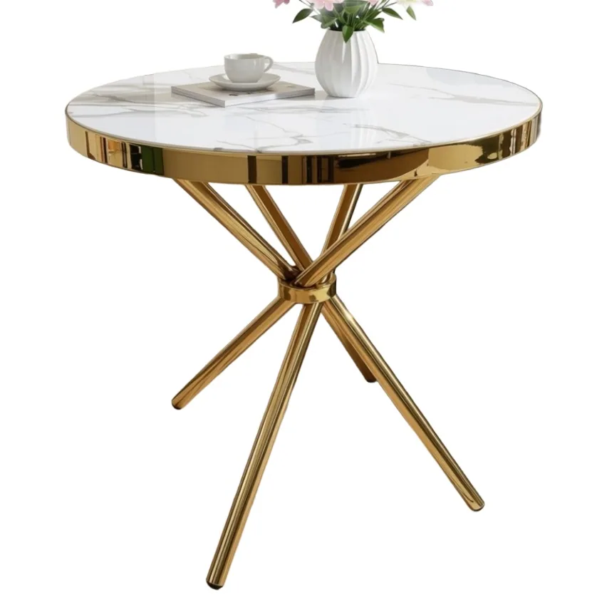 Table ronde marbre blanc pied doré M-88 80*80